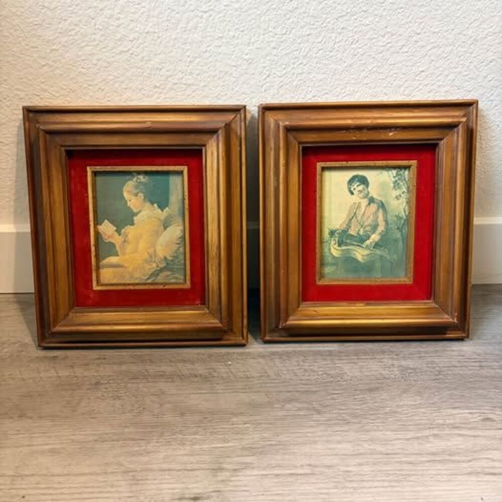 Vintage Framed Art Prints Set of 2 – Wood Frames & Red Velvet Mat